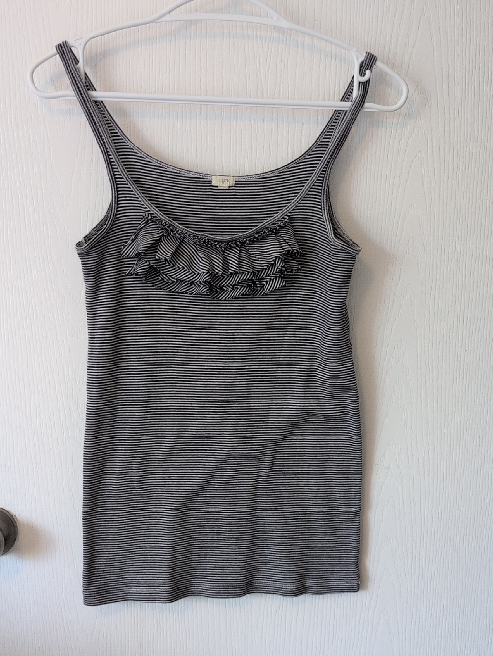 J. Crew Black & White Striped Ruffle Scoop Neck Tank